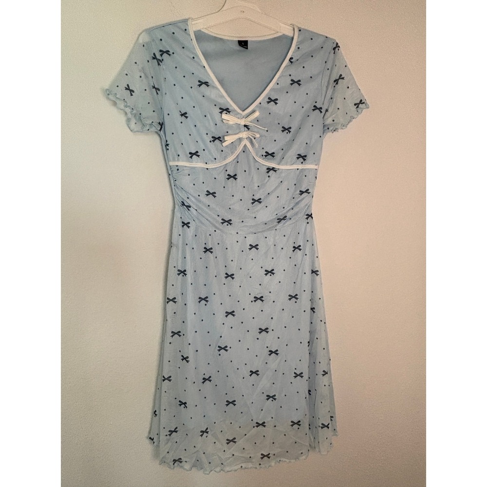 SHEIN Blue Bow Polka Dot Mesh Mini Dress V-Neck Lettuce Hem L JIT26812870